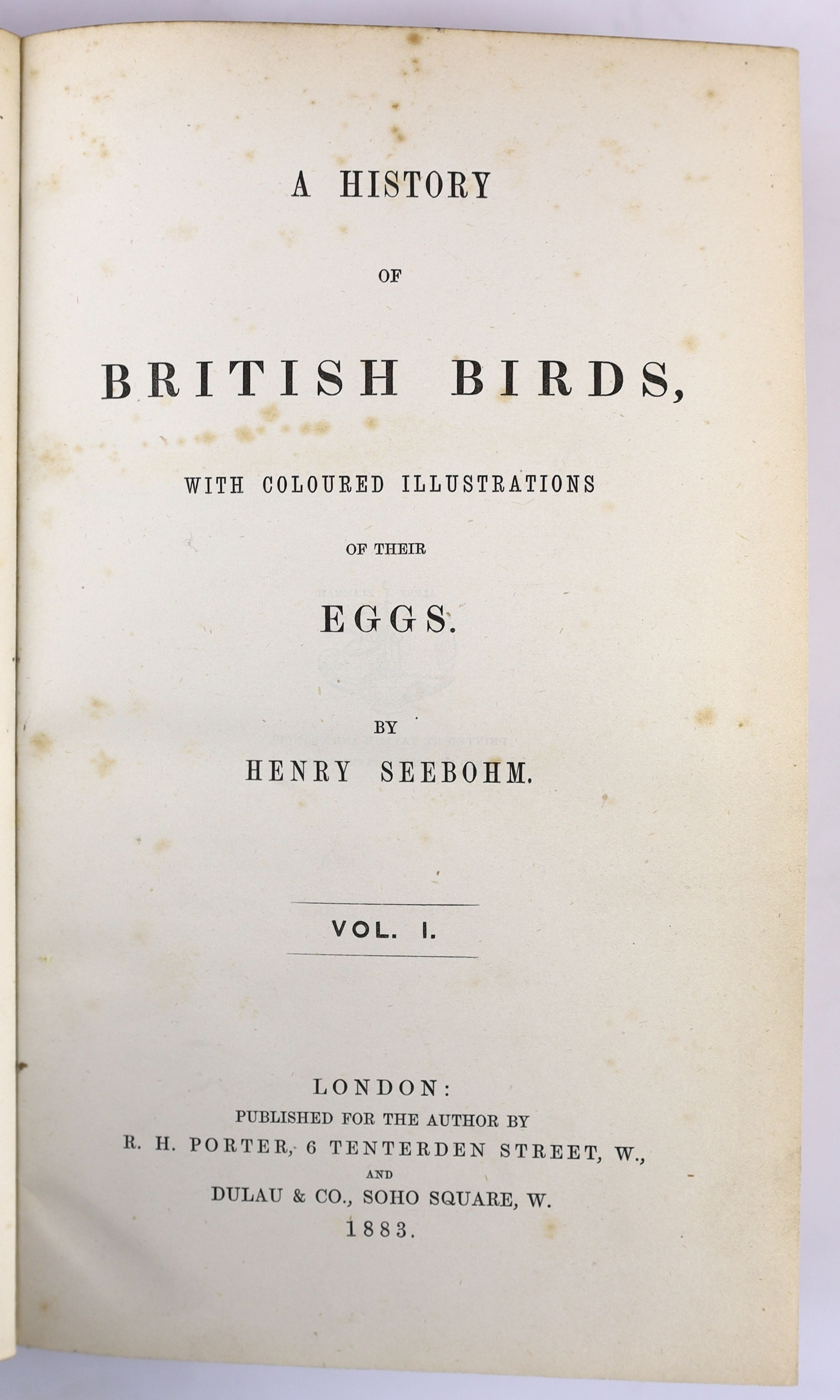 Seebohm, Henry - A History of British Birds, 1st edition, 4 vols, half red morocco gilt, with 68 coloured plates, some foxing and a few pencil annotations, bookplate of Mr. Justice Ridley, London, 1883-85